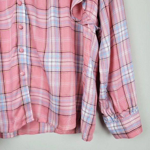 Bobeau Pink Blue Ruffle Button Down Long Sleeves Plaid Babydoll Shirt Size XS - Picture 5 of 12